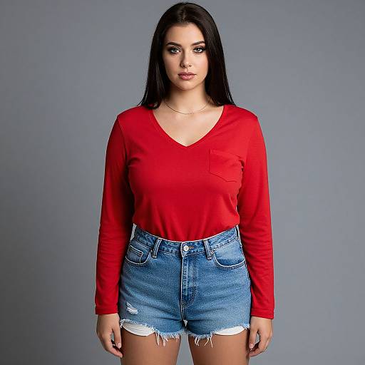 Photograph of a young woman with long black hair, wearing a red long-sleeve V-neck top and blue high-waisted denim shorts,