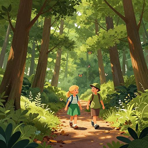 Digital illustration of a sunlit forest path with two children, a blonde girl in a green dress and a boy in a scout uniform, walking among tall