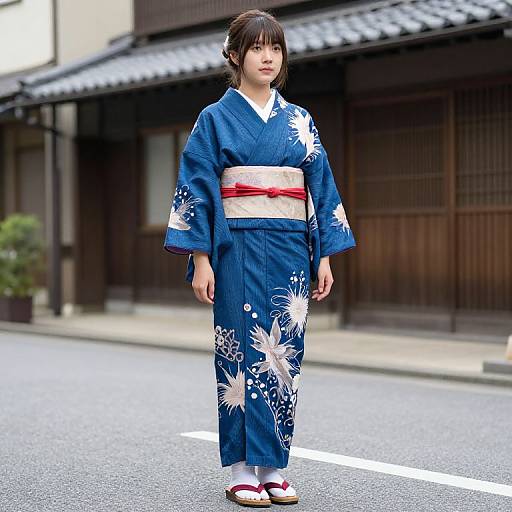 Woman in Blue Kimono on Street