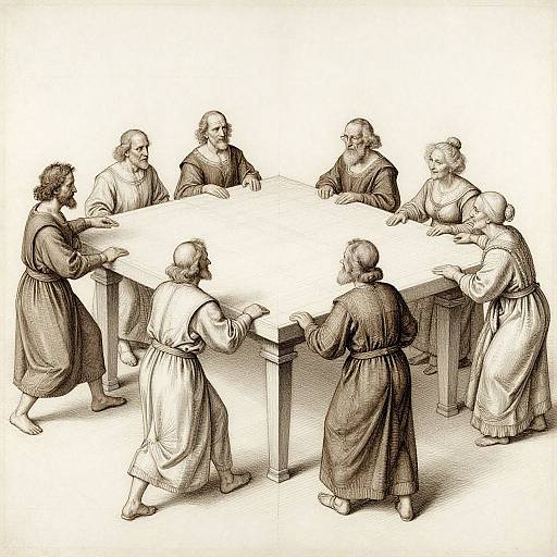 Black-and-white illustration of twelve robed, bearded men seated around a rectangular table in a circle, engaging in discussion.