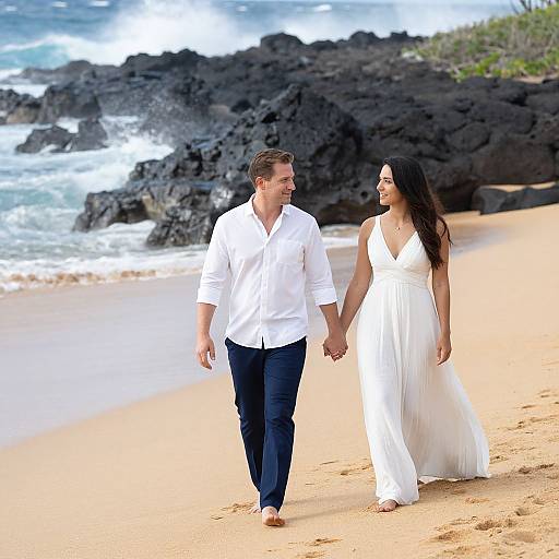 Photograph of a smiling couple holding hands on a sandy beach, with black rock formations and ocean waves in the background. Man in white shirt and blue