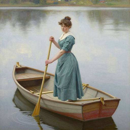 Vintage photograph of a fair-skinned woman with brown hair in a bun, wearing a teal dress and white apron, rowing a wooden boat on