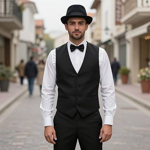 Photograph of a handsome man with dark hair and beard, wearing a black hat, white shirt, black vest, and bow tie, standing on a