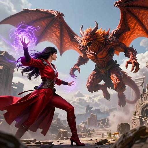 Digital artwork of a black-haired woman in a red dress casting purple magic against a charging, red-scaled dragon in a ruined city.