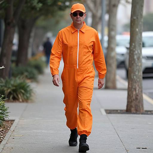 Photograph of a middle-aged man in bright orange prison jumpsuit, black boots, and cap, walking on a city sidewalk with trees and cars in