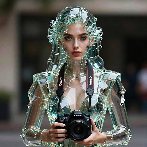 Photorealistic digital art of a woman with a crystalline, robotic body holding a Canon camera, featuring glowing blue-green light reflections.