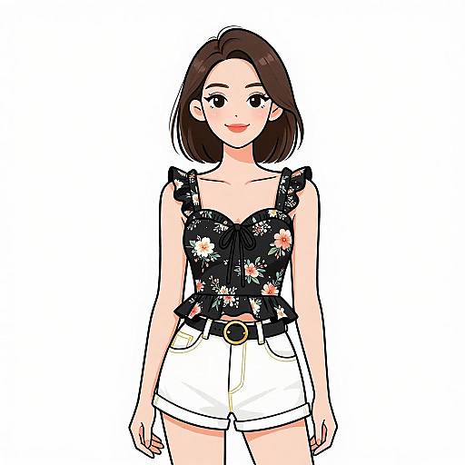 Smiling Woman in Floral Black Tank Top and White Shorts