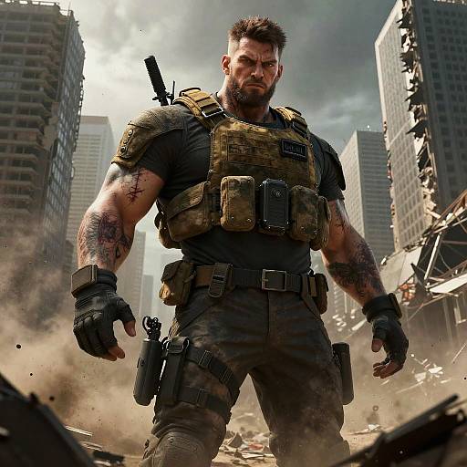 CGI image of a muscular, tattooed, bearded man in tactical gear with guns, standing amidst a ruined, cloud-filled cityscape.