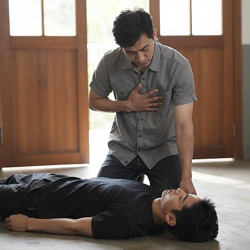 Kneeling Man Beside Fallen Figure