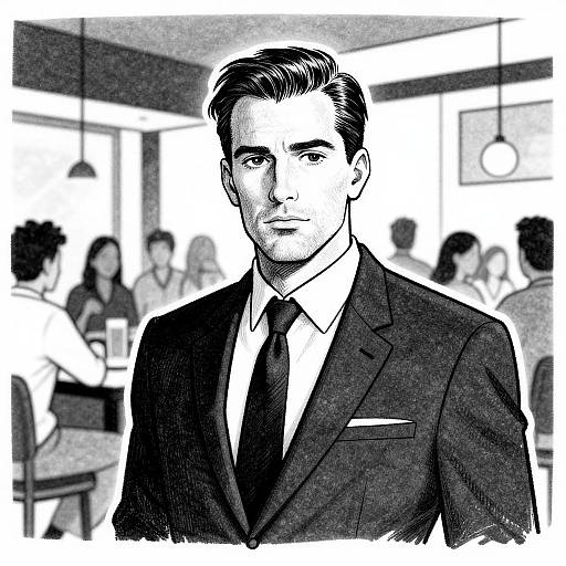 Black-and-white digital drawing of a handsome man in a suit with a tie, standing in a blurred café background. His serious expression contrasts with the soft