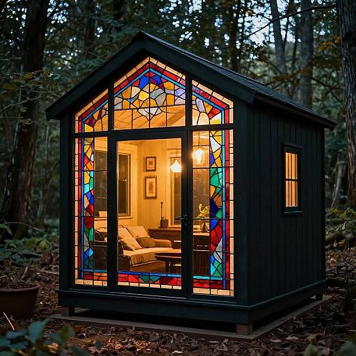 Photograph of a small, black, wooden gazebo with colorful stained glass windows illuminating a cozy, warmly-lit interior in a forest at dusk