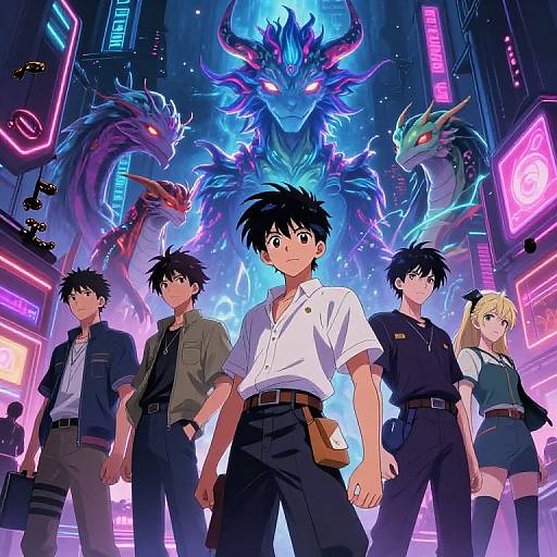 Anime-style digital illustration of five young adults with black hair, standing confidently in a neon-lit, futuristic city, with three glowing, fierce dragons looming