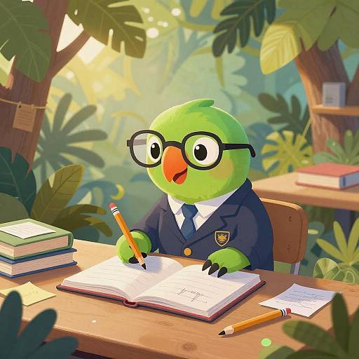 Digital cartoon of a green bird with glasses, wearing a school uniform, writing in an open book at a wooden desk in a sunlit jungle.