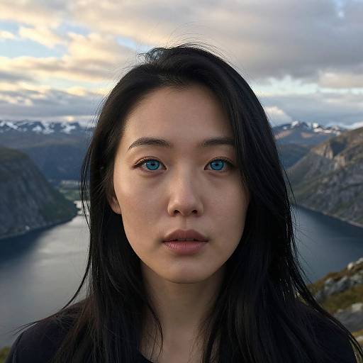 Photograph of an Asian woman with long black hair, blue eyes, and fair skin, centered against a mountainous lake landscape at sunset.