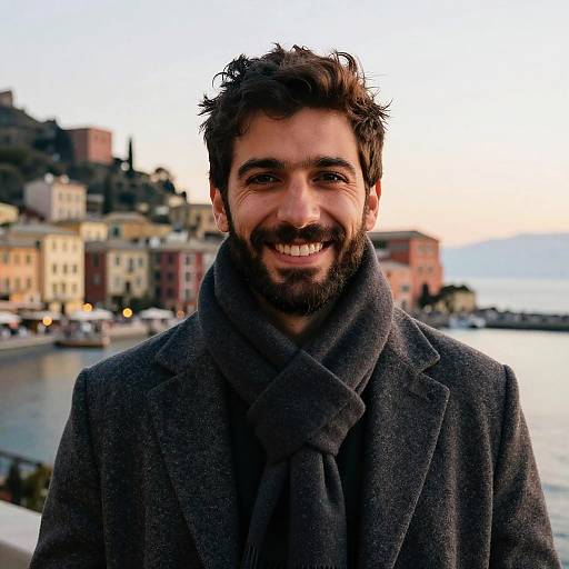 Confident Italian Man by Historic Harbor