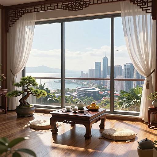 Bright living room with large window, city view, white curtains, wooden floor, potted plants, table, and decorative pillows. Sunlight streams in