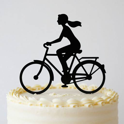 Silhouette of a girl riding a bicycle on top of a white, decorated cake with golden frosting. Photographic image.