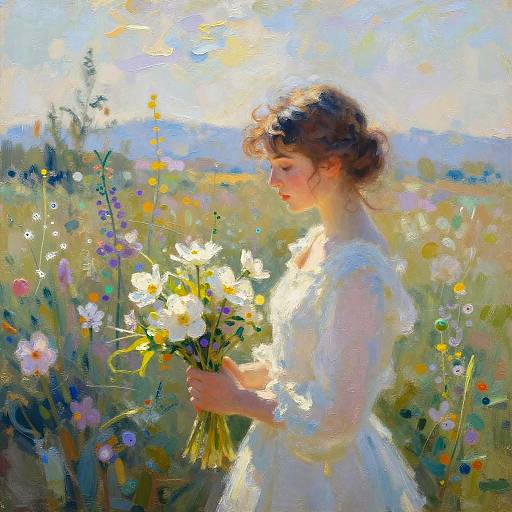 Impressionist-style painting of a young woman in a white dress, holding a bouquet of daisies, standing in a colorful, sunlit me