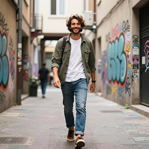 Confident Man Walking in Graffiti Alley