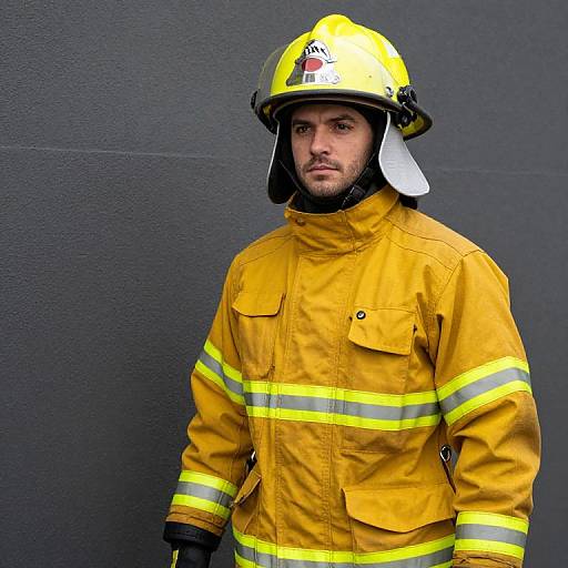 Photograph of a serious-faced male firefighter with light skin, dark beard, wearing a yellow helmet and matching high-visibility jacket, standing against a dark