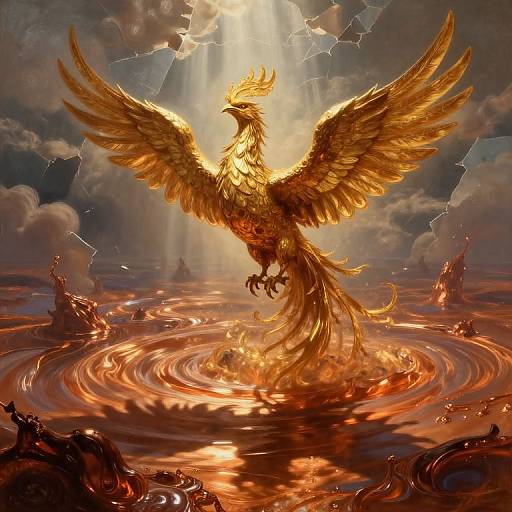 Digital artwork of a radiant golden phoenix with outstretched wings, standing on a fiery, rippling water surface, surrounded by lightning and dark clouds.