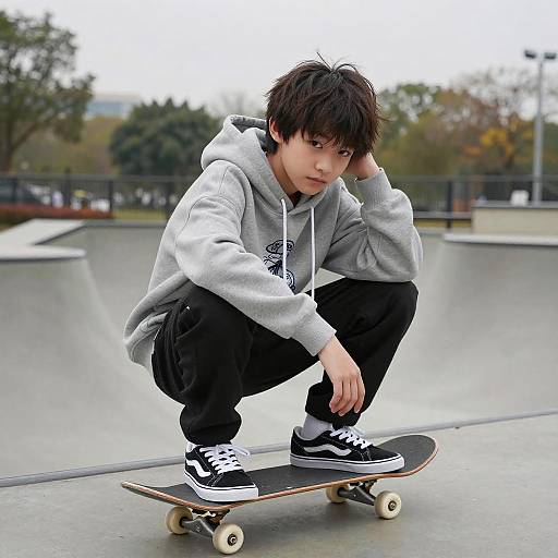 Boy with Shag Cut Hairstyle at Skate Park