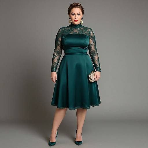 Photograph of a curvy woman with fair skin, red lipstick, and dark brown hair, wearing a teal lace long-sleeve dress, matching