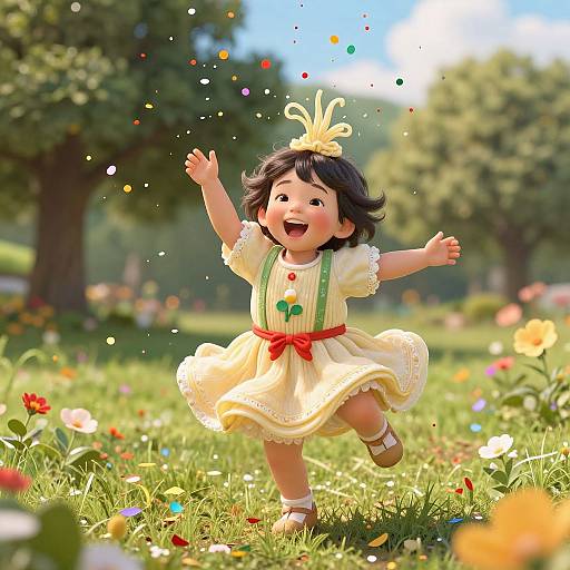Digital illustration of a joyful Asian toddler girl in a yellow dress, running in a sunlit, flower-filled meadow, with colorful confetti floating around