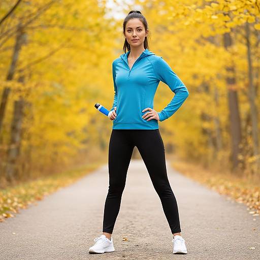 Photograph of a fit woman with light skin, dark hair in a ponytail, wearing a blue athletic jacket, black leggings, and white sneakers,