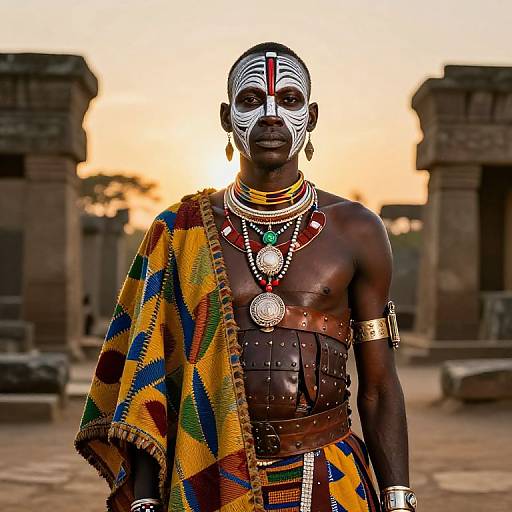 Photograph of a muscular, shirtless African man with white face paint, colorful traditional wrap, and numerous necklaces, standing in front of ancient stone