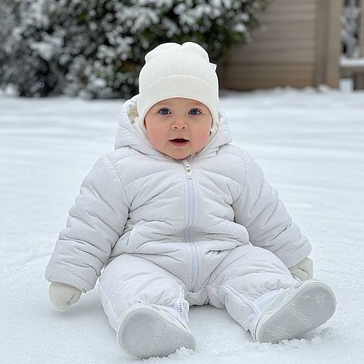 Photograph of a curious, fair-skinned baby with blue eyes sitting in snowy landscape, wearing a white puffy coat, matching hat, and snow