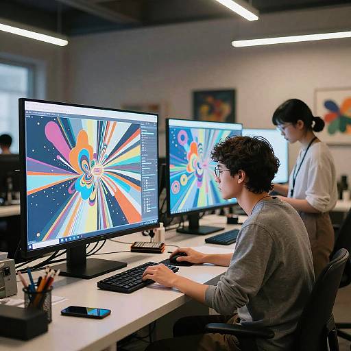Photograph of two young adults working on computers in a modern, brightly lit office. Foreground man with curly hair, grey sweater; background woman with