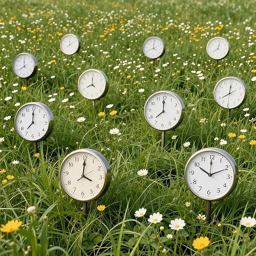 Surreal Meadow of Time-Blooming Clocks