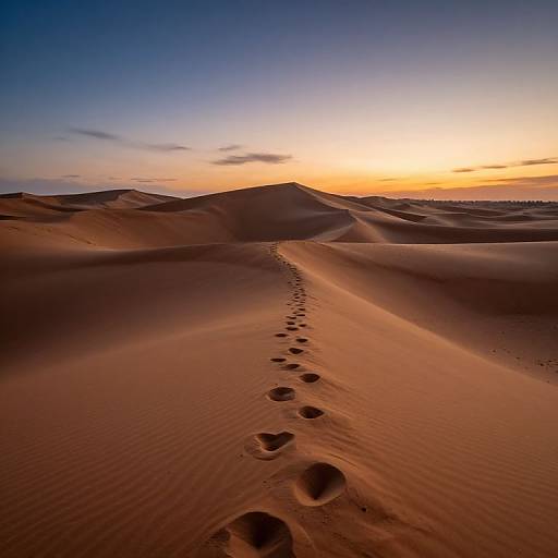 Photograph of a vast, red-orange desert with footprints leading to a sunset sky, blending orange, yellow, and blue hues.