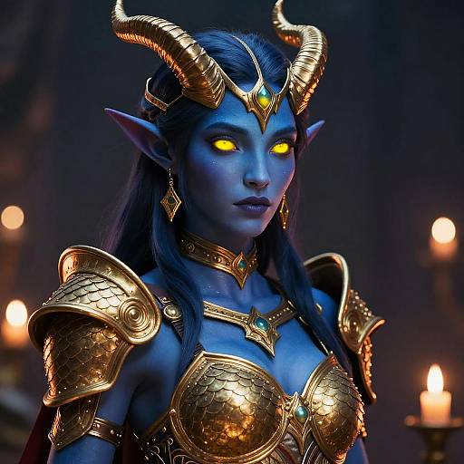 Digital art of a blue-skinned, glowing-eyed demon woman with gold horned armor and turquoise gems, illuminated by candlelight.