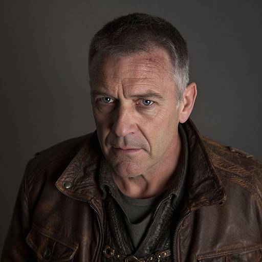 Photograph of a middle-aged man with short, gray hair, blue eyes, and a weathered face, wearing a brown leather jacket over a dark