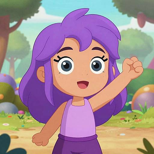 Colorful digital anime-style drawing of a purple-haired girl with big blue eyes, wearing a white tank top and purple skirt, raising her right arm in