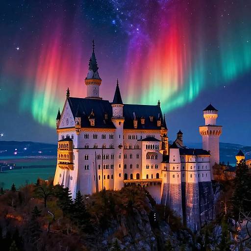 Photograph of a medieval castle illuminated at night, with vibrant aurora borealis in red, green, and blue colors in the starry sky.