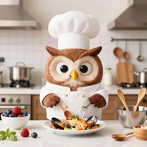 Cartoon Chef Owl Cooking Seafood