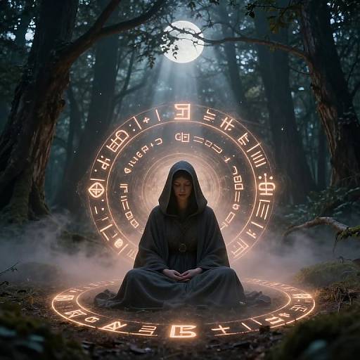 Digital artwork of a hooded woman sitting cross-legged in a mystical forest, surrounded by glowing runes and magic circles under a moonlit sky.