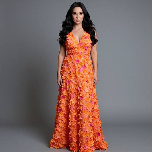 Photograph of a woman with long black hair in a vibrant, orange and pink flower-embellished, V-neck gown, standing against a gray