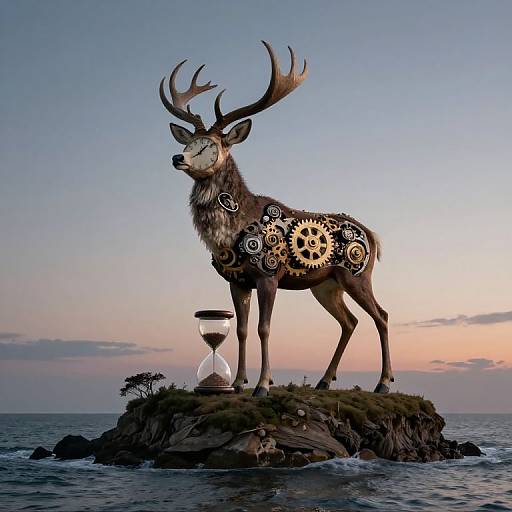 Fantastical digital artwork of a deer with gear-patterned fur, standing on a rocky cliff at sunset, beside a sandglass.
