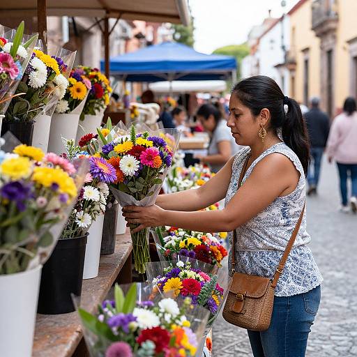 Woman Arranging Vibrant Flower Bouquets