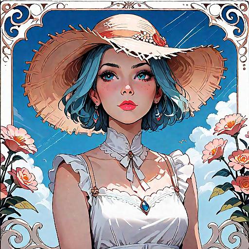 Anime Style Girl in Straw Hat and White Dress