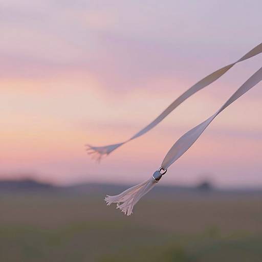 Photograph of a delicate white ribbon with tassels flowing against a soft pastel sunset sky, with a blurred field in the background.