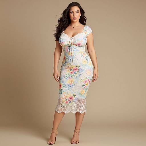 Photograph of a curvy woman with long black hair, wearing a white floral lace dress with lace trim, standing against a beige background, and wearing