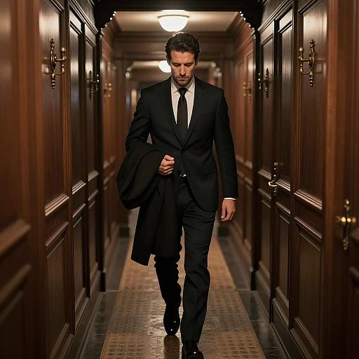 Mysterious Man in Dimly Lit Hallway