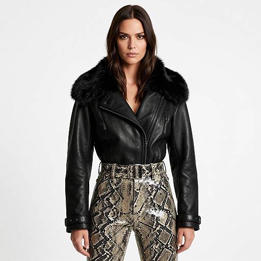 Photograph of a woman with long dark hair, wearing a black leather jacket with fur collar and snake-print high-waisted pants, standing against a