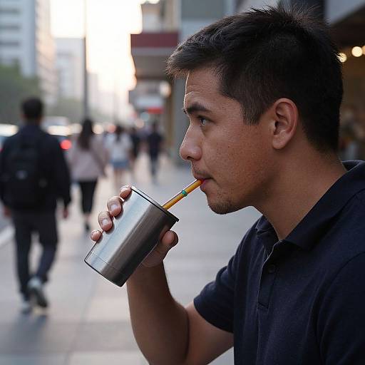 Man Sipping Coffee on City Sidewalk