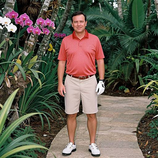 Photograph of a middle-aged man in a red polo, beige shorts, white shoes, and gloves, standing on a garden path surrounded by lush green
